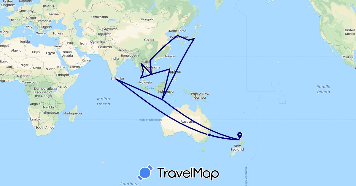 TravelMap itinerary: driving in Australia, Indonesia, Japan, South Korea, Sri Lanka, New Zealand, Philippines, Thailand, Vietnam (Asia, Oceania)